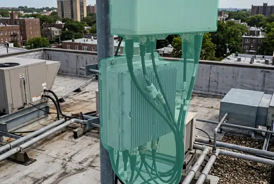 AI segmentation mask on a drone image of a panel antenna connector and RRU