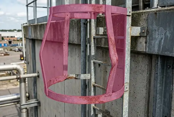 AI segmentation mask on a damaged climbing ladder cage hoop