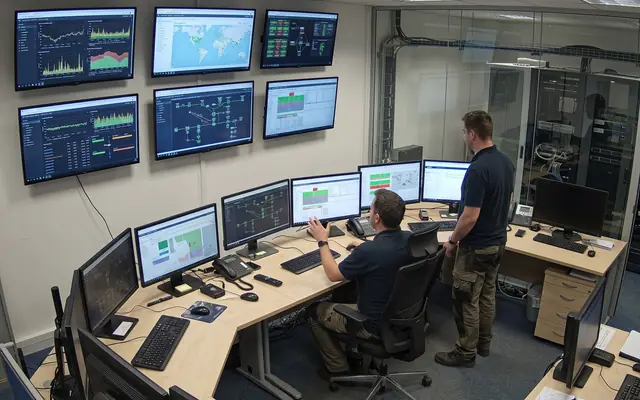 A wall monitor showing a live safety operations dashboard with charts and camera tiles