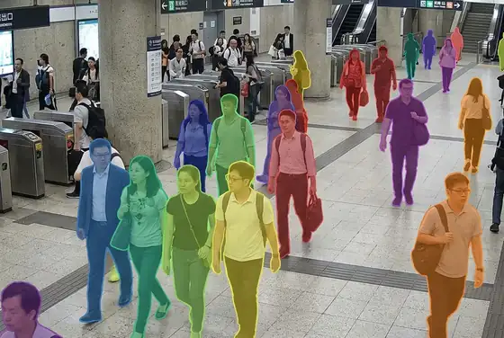 AI segmentation masks with density heatmap on a crowd at a metro concourse