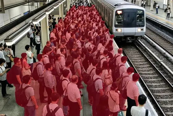 AI segmentation masks flagging platform overcrowding ahead of a train arrival