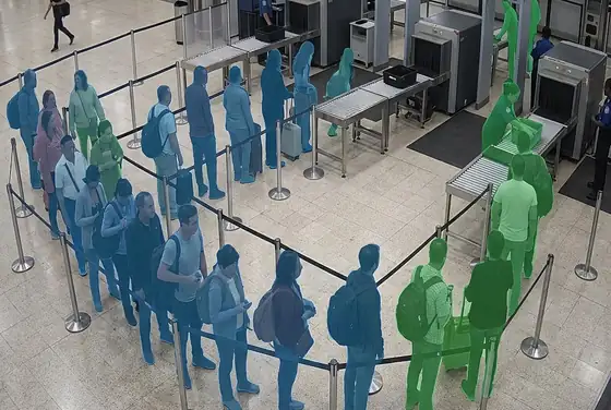 AI segmentation masks measuring queue length at a security checkpoint