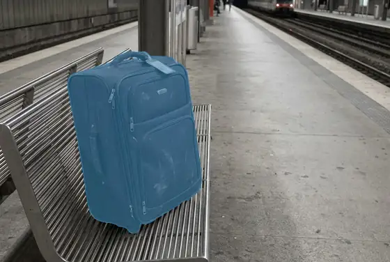 AI segmentation mask flagging an abandoned suitcase on a station bench