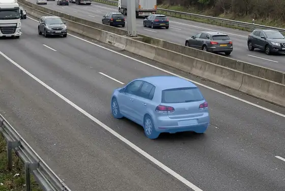 AI segmentation mask classifying a vehicle by make, model and colour on a highway