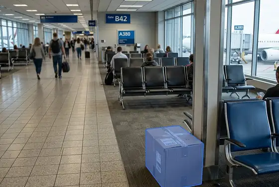 AI segmentation mask outlining an unattended package at an airport gate