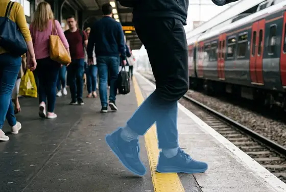 AI segmentation mask highlighting a foot crossing the yellow platform-edge line