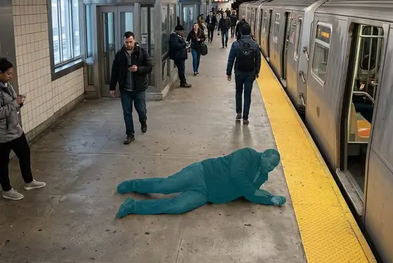 AI segmentation mask outlining a fallen passenger on a train platform