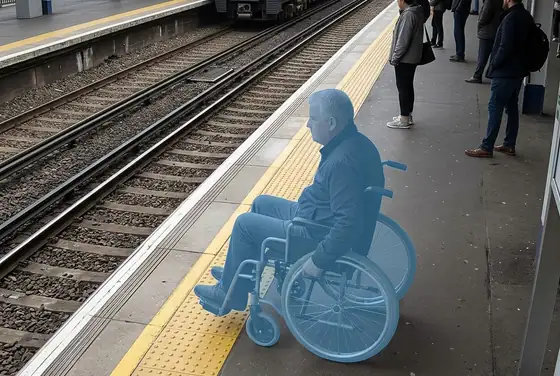 AI segmentation mask highlighting a wheelchair close to a platform edge