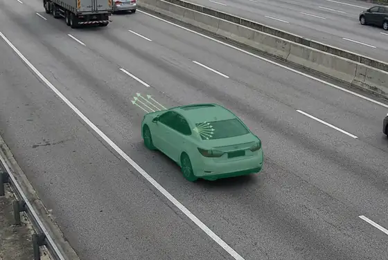 AI segmentation mask with motion vectors estimating vehicle speed on a highway