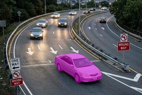 AI segmentation mask flagging a car driving the wrong way on a one-way ramp