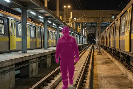 AI segmentation mask outlining a person standing on a rail track in a metro depot