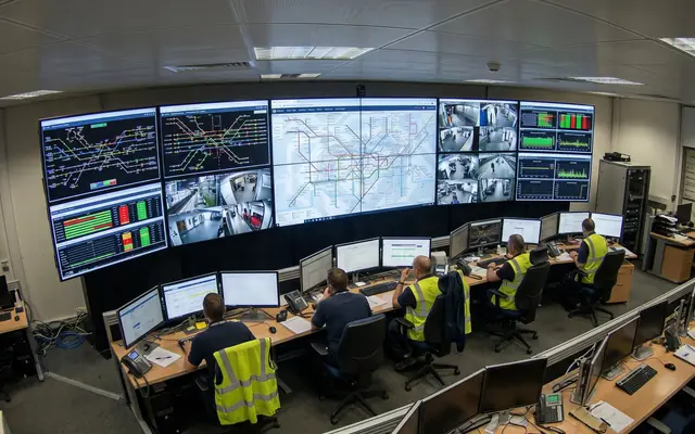 A wall monitor showing a live safety operations dashboard with charts and camera tiles