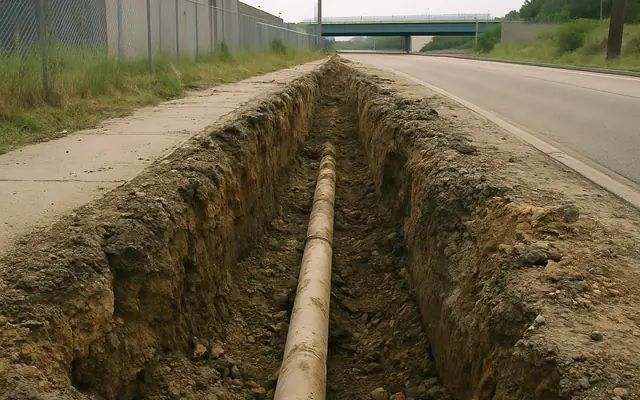 An open excavation trench with no barrier or fence around it