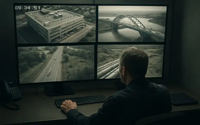 A control room with one operator facing a large wall of many CCTV feeds