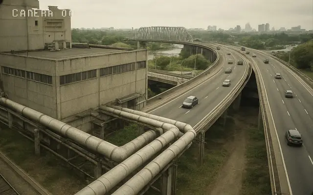 A single worker isolated in a remote corner of a large industrial site at dusk