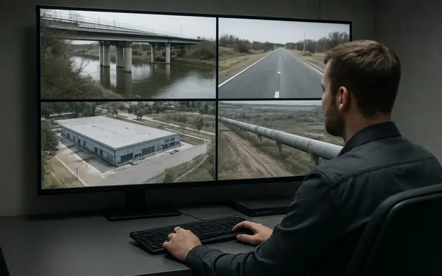 An existing CCTV camera on a building with a small edge-AI box beside it