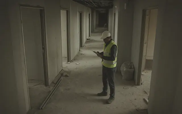 A forklift operating close to a pedestrian worker inside a warehouse