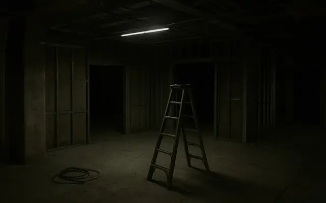 A large industrial site at night with only a few pools of light and large dark areas