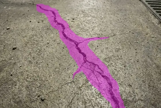 AI segmentation mask on a surface crack in concrete