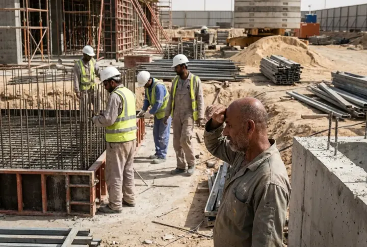A bare-headed worker without a hard hat among colleagues wearing helmets on a construction site