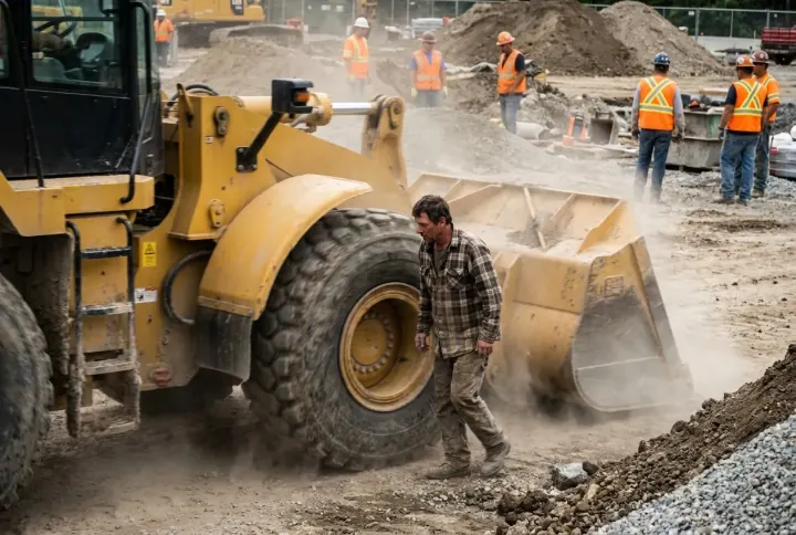 A worker in plain clothes without a hi-vis vest standing near a moving wheel loader
