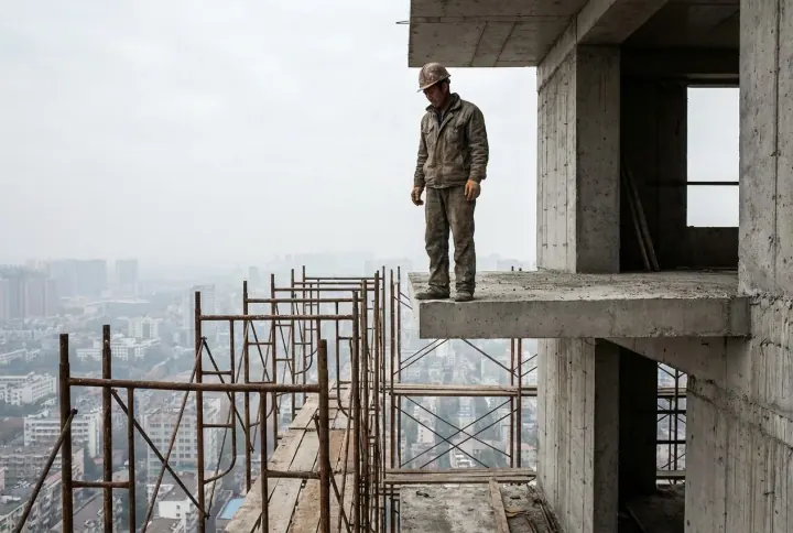 A worker at the unprotected edge of a high concrete slab without a fall-arrest harness