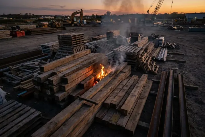 Early-stage fire with small flames and smoke beginning among stacked site materials