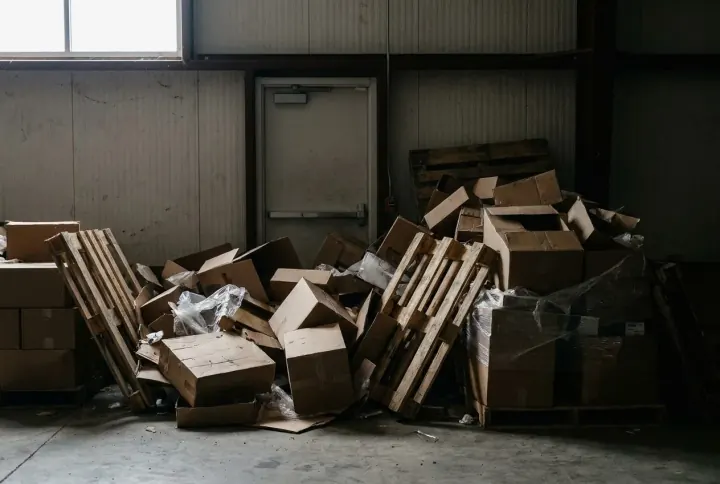 An emergency exit doorway blocked by stacked boxes and debris
