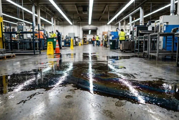 An oil and water spill spreading across a concrete factory floor