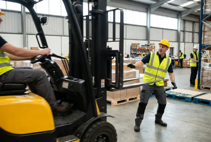 A forklift operating close to a pedestrian worker inside a warehouse