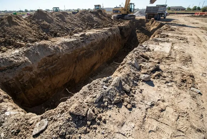 An open excavation trench with no barrier or fence around it