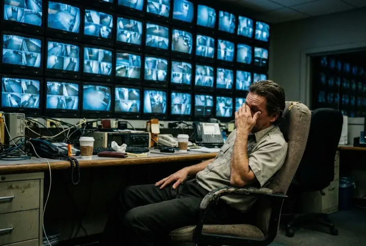 A control room with one operator facing a large wall of many CCTV feeds