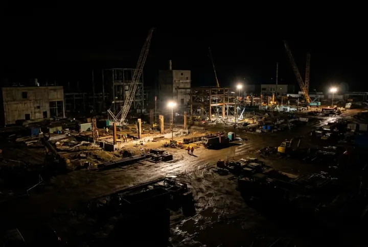 A large industrial site at night with only a few pools of light and large dark areas