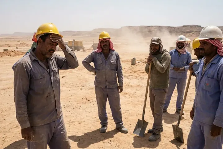 Outdoor workers under harsh midday desert sun with visible heat haze