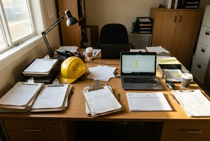 A cluttered site safety office desk covered with paper incident forms and clipboards