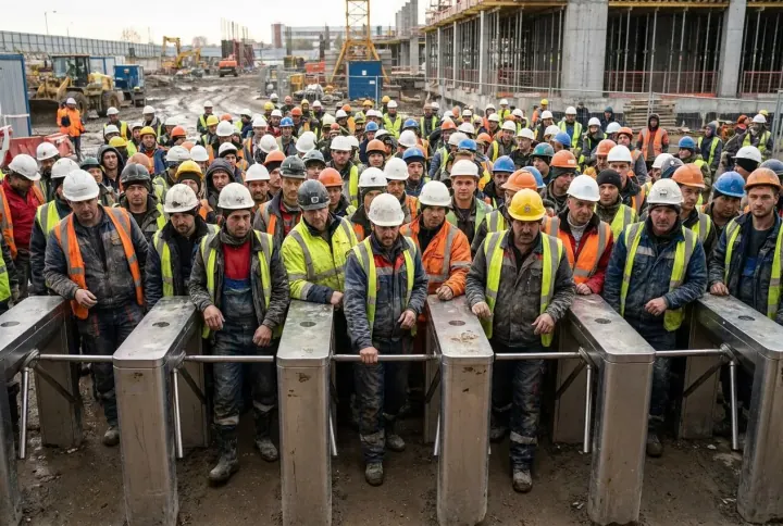 A crowded site entrance at shift start with many workers entering at once