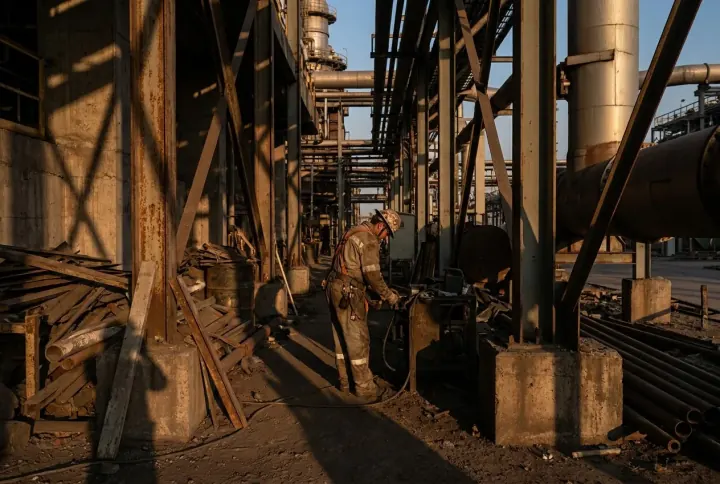 A single worker isolated in a remote corner of a large industrial site at dusk
