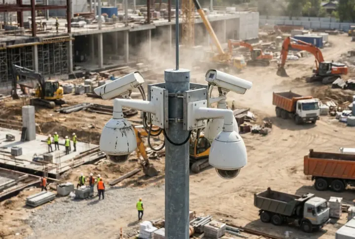 Existing CCTV cameras on a pole overlooking an active construction site