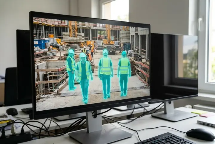 A monitor showing people and vehicles segmented by AI masks on a live security feed