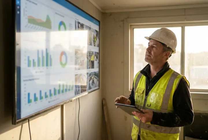 A security manager viewing a wall dashboard of site security KPIs