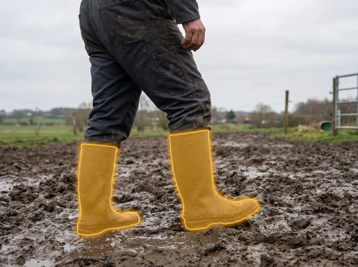 AI segmentation flagging rubber boots in a field