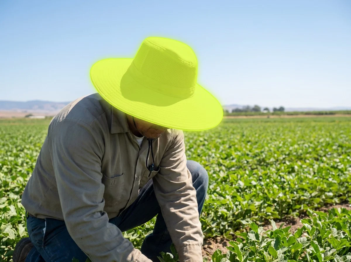 AI segmentation flagging sun hat in a field