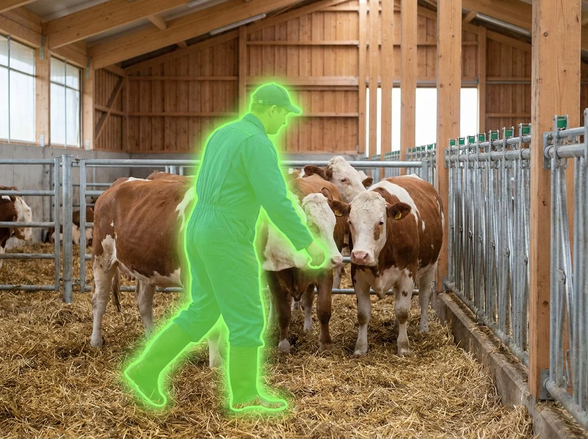 AI segmentation flagging livestock handling in a barn