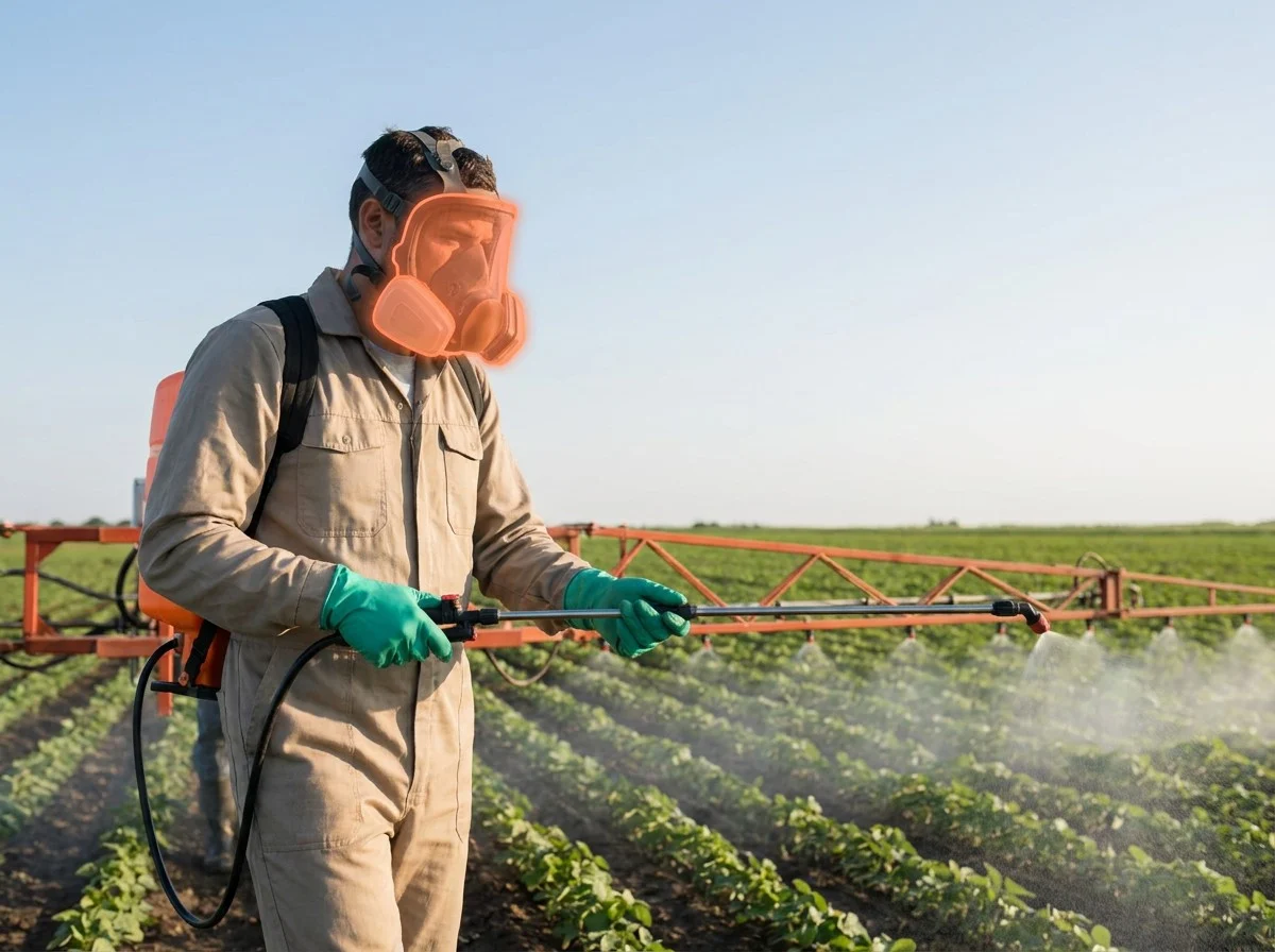 AI segmentation flagging respirator while spraying pesticide
