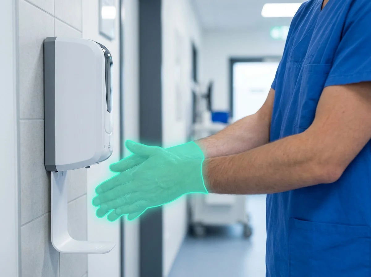 AI segmentation flagging hand hygiene at a dispenser