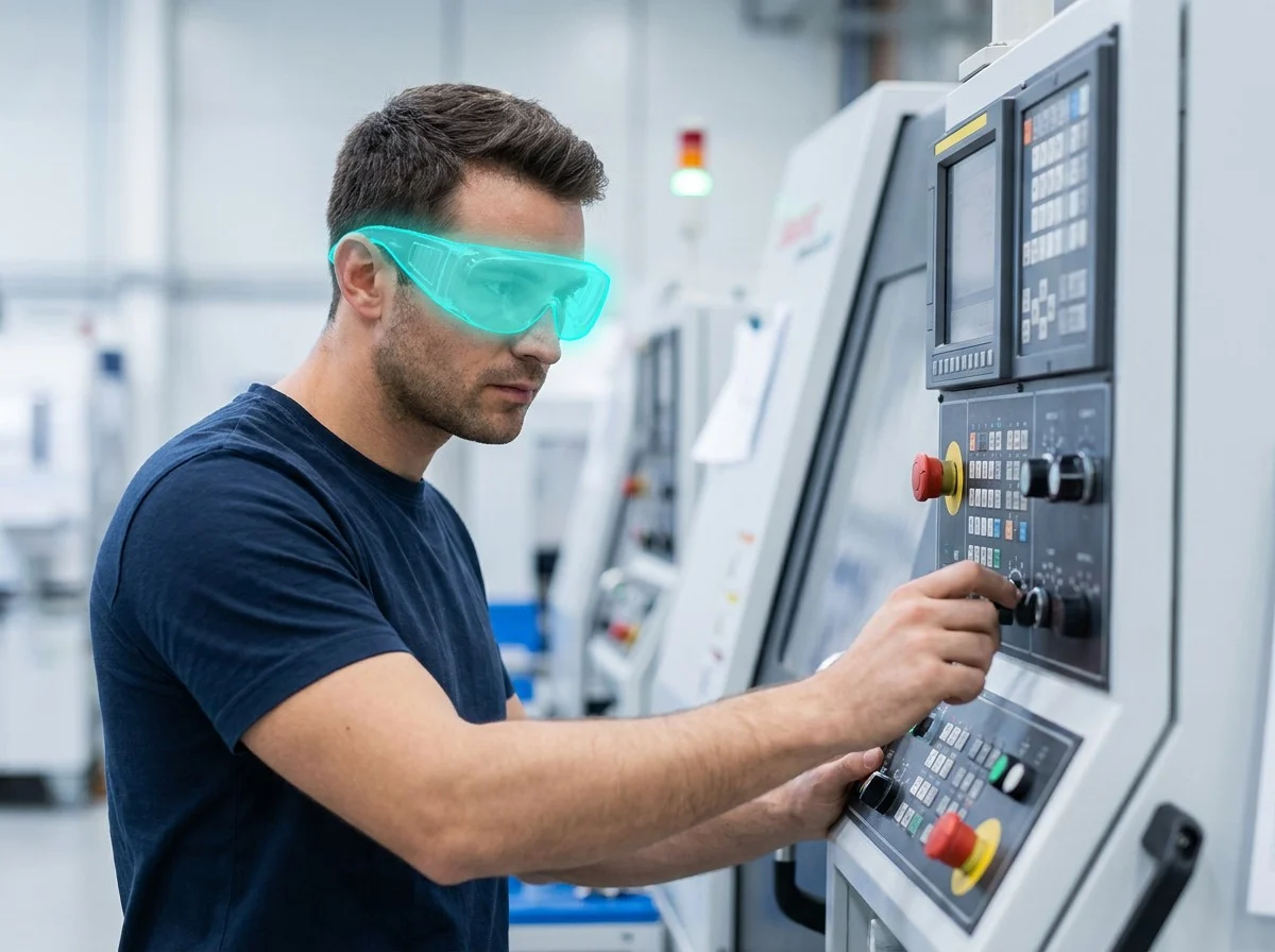 AI segmentation flagging safety goggles at a machine