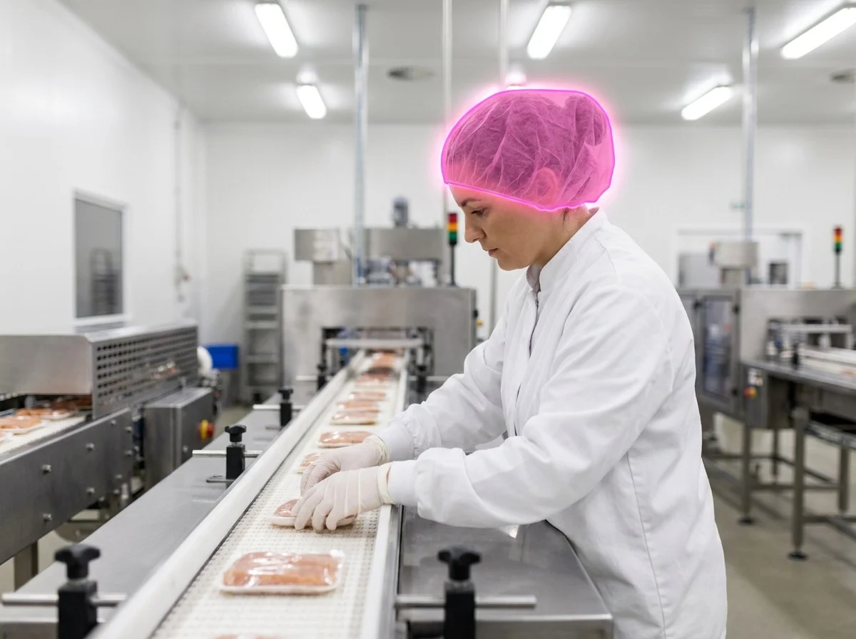 AI segmentation flagging a hairnet on a production line