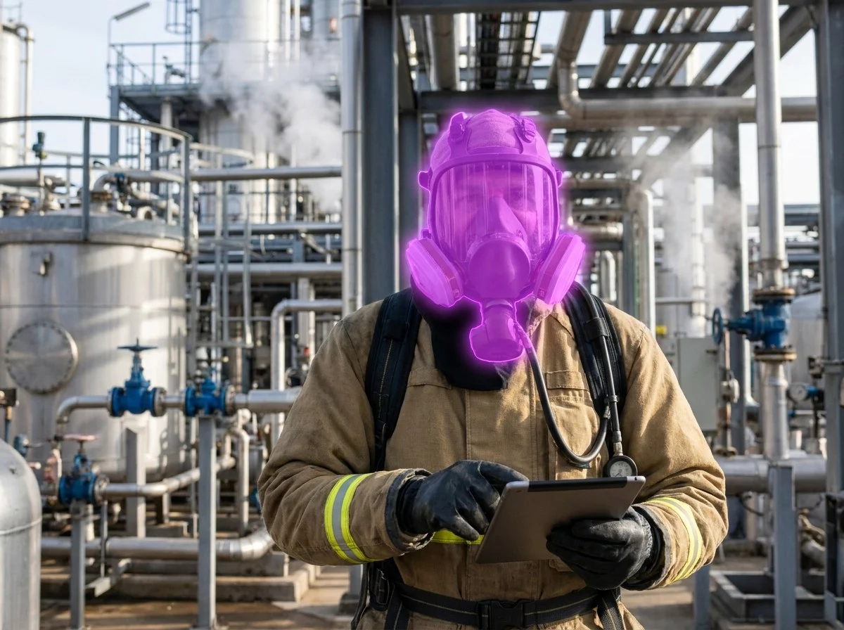 AI segmentation flagging a full-face gas respirator
