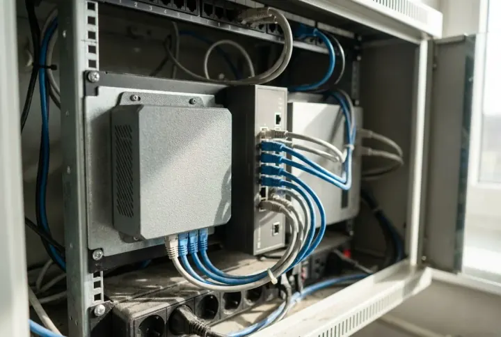 A small edge-AI appliance plugged in beside an existing network switch