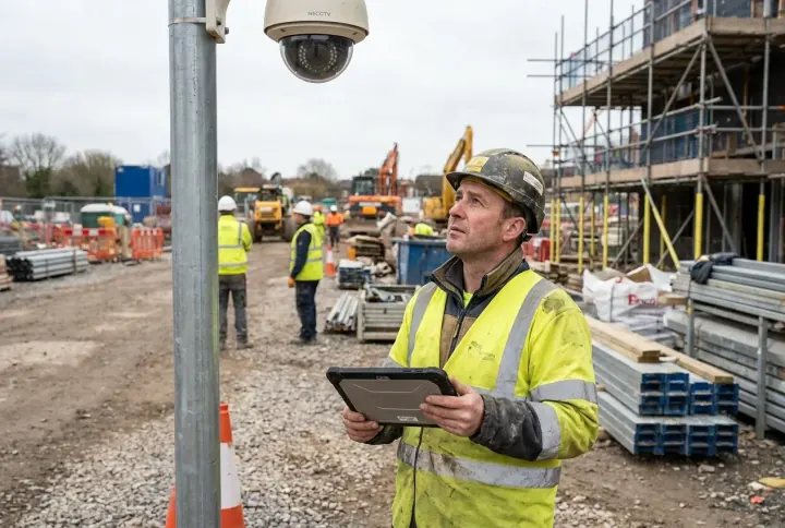 A technician surveying a CCTV camera with a tablet before deployment